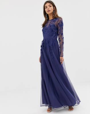 asos design long sleeve maxi dress in embroidered mesh