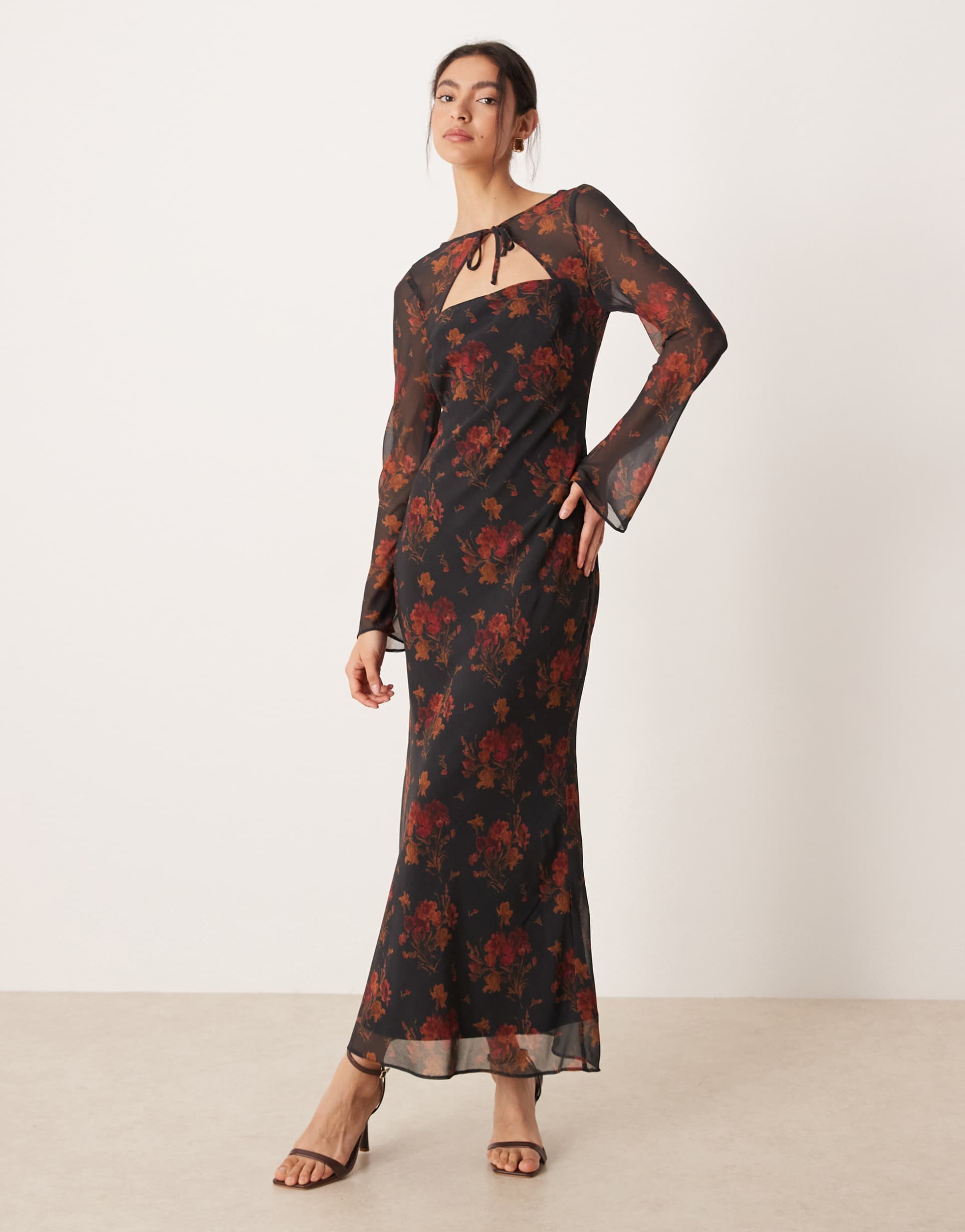 asos design long sleeve maxi dress in floral print