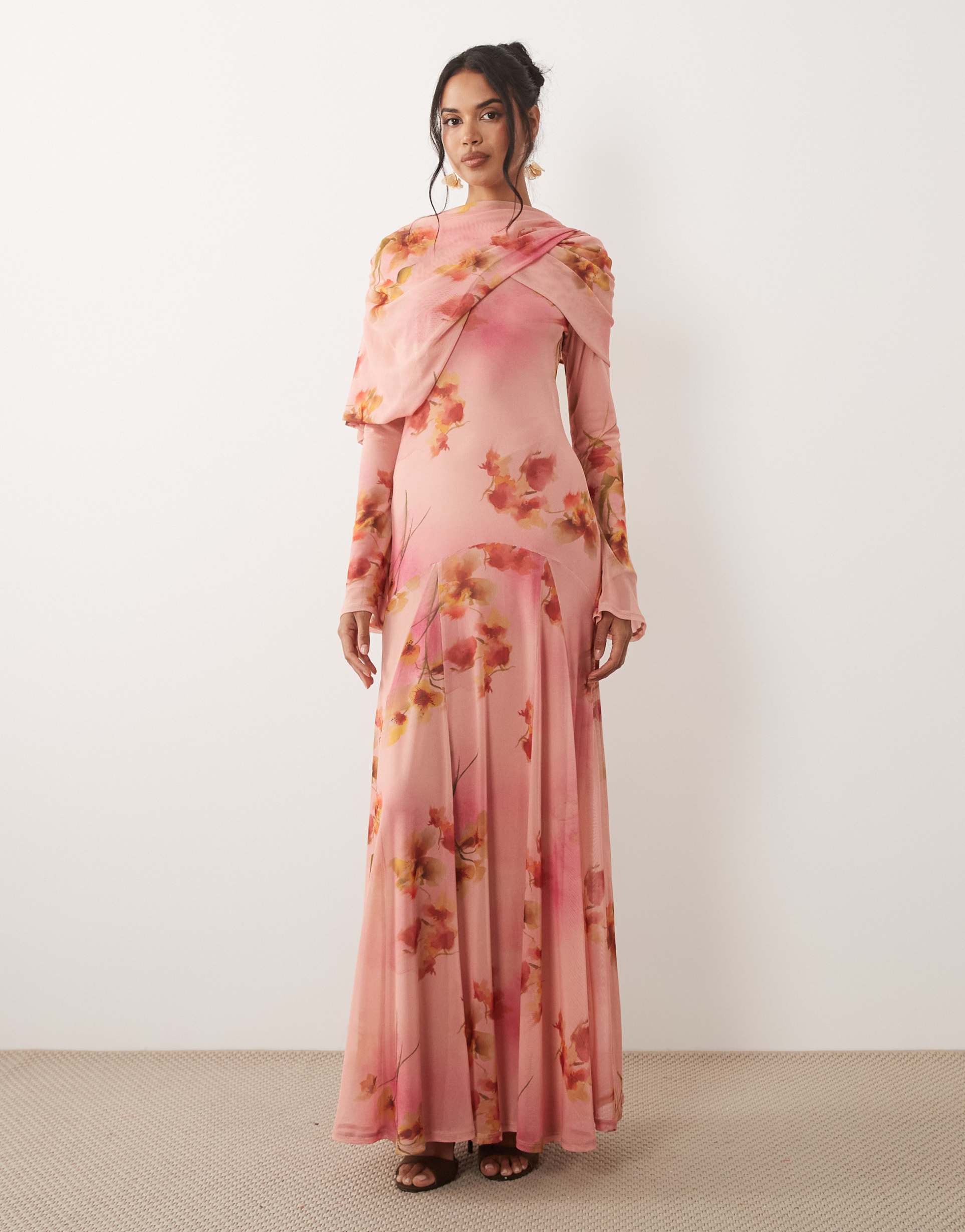 asos design long sleeve maxi dress in pink floral print
