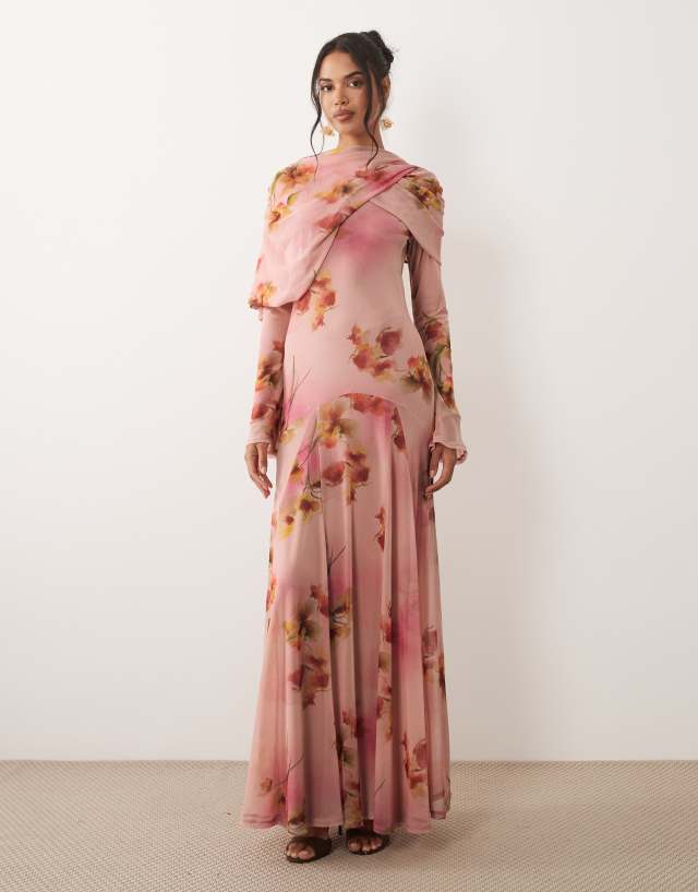 ASOS Design long sleeve maxi dress in pink floral print-Multi