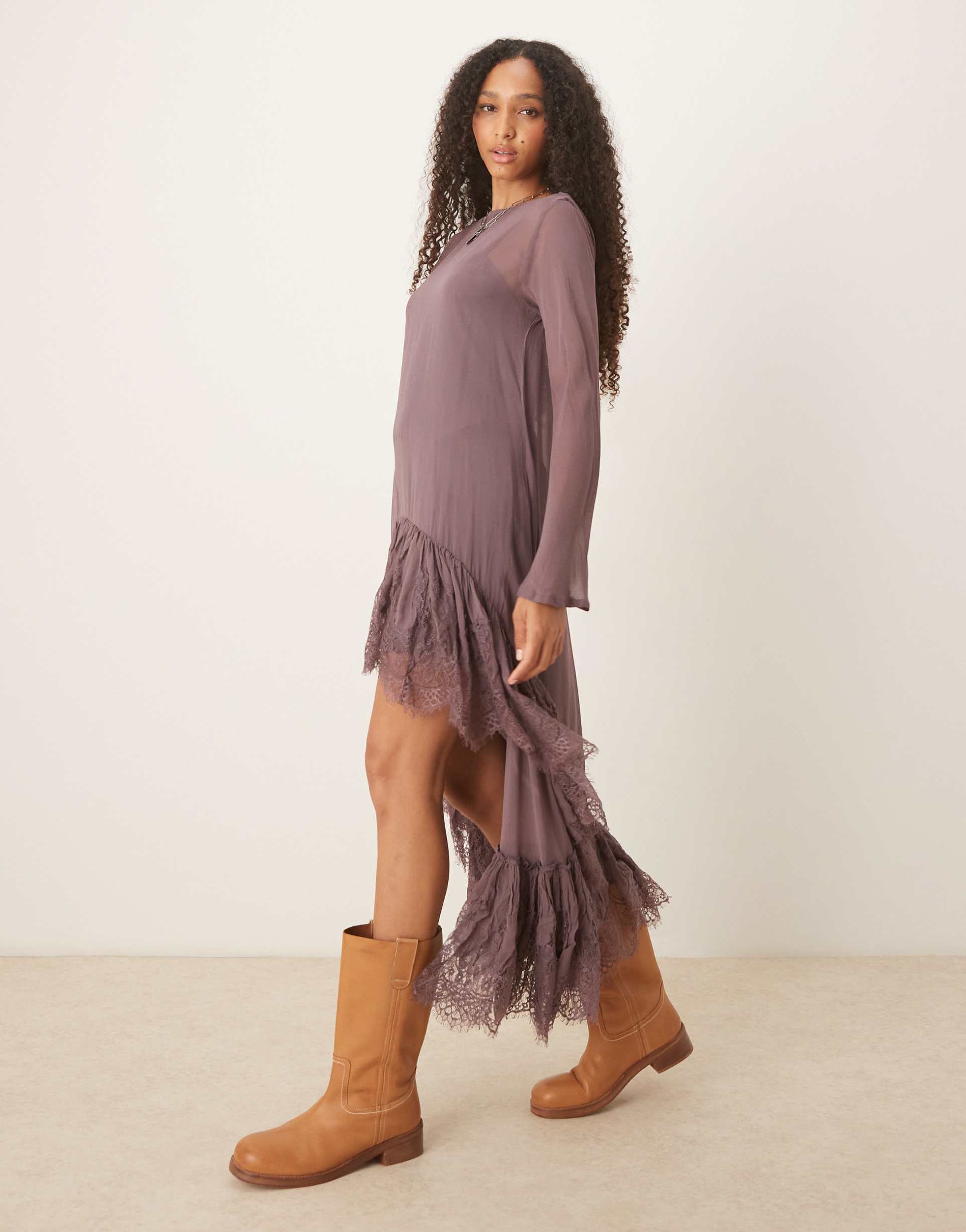 asos design long sleeve maxi dress with asymmetric lace hem in brown