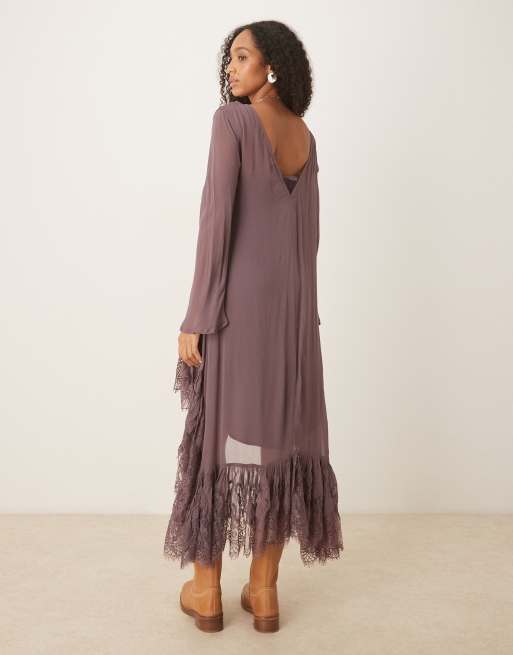 ASOS DESIGN long sleeve maxi dress with asymmetric lace hem in brown, 3 of 4