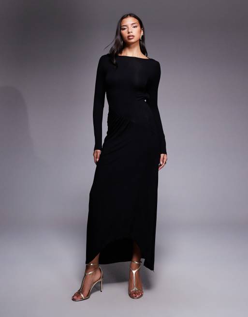 ASOS DESIGN long sleeve maxi dress with asymmetric ruching and open back in black