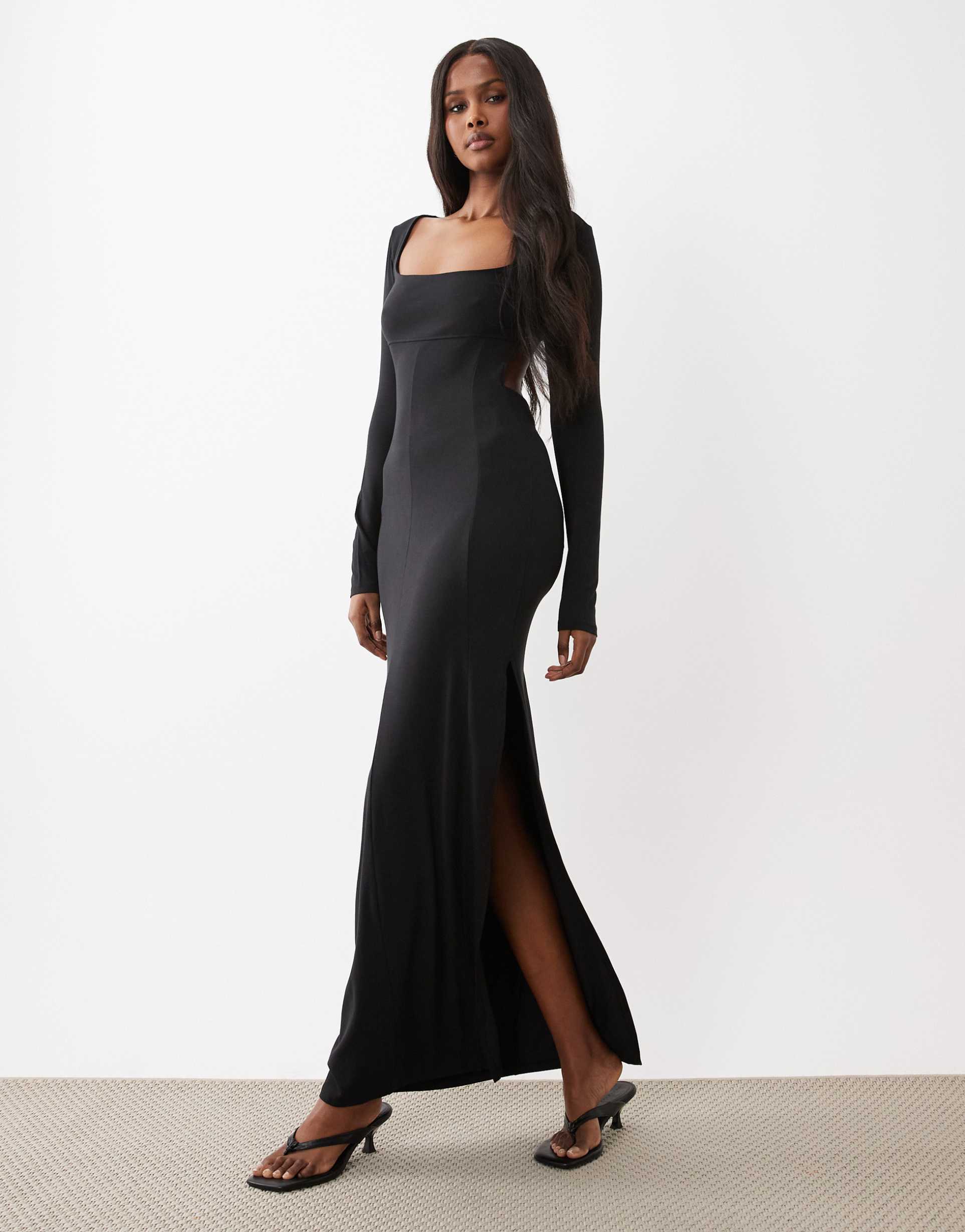 asos design long sleeve maxi dress with back cut out and ruching in black
