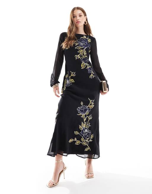 ASOS DESIGN long sleeve maxi dress with blue floral embroidery