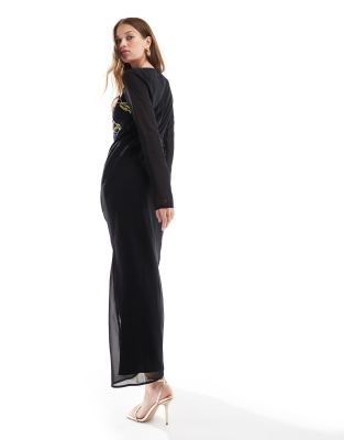 ASOS DESIGN long sleeve maxi dress with blue floral embroidery | ASOS