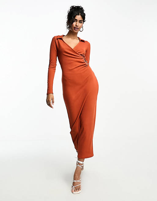 ASOS DESIGN long sleeve maxi dress with circle trim in orange | ASOS