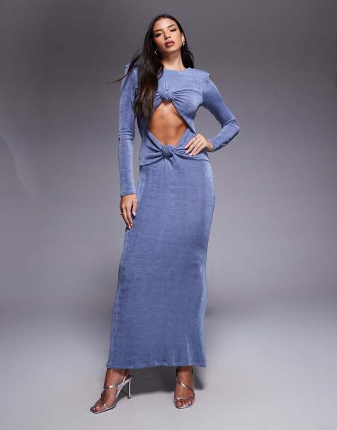 ASOS DESIGN long sleeve maxi dress with double knot cut out in petrol blue - view 1