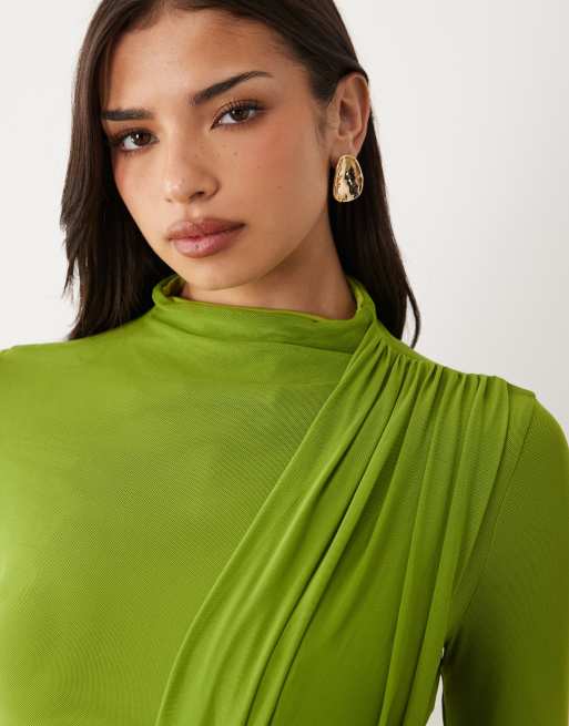 ASOS DESIGN long sleeve maxi dress with drape bodice detail in green, 2 of 4