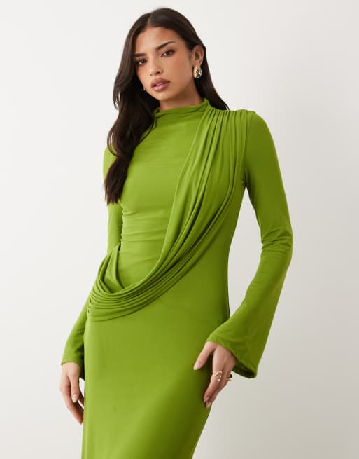 ASOS DESIGN long sleeve maxi dress with drape bodice detail in green, 3 of 4
