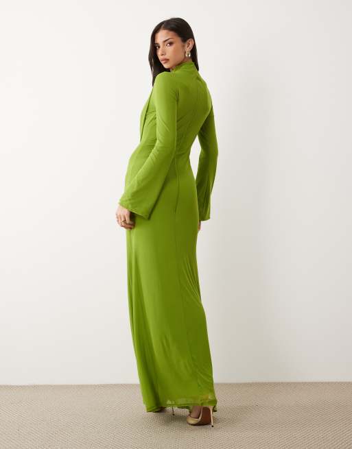 ASOS DESIGN long sleeve maxi dress with drape bodice detail in green, 4 of 4