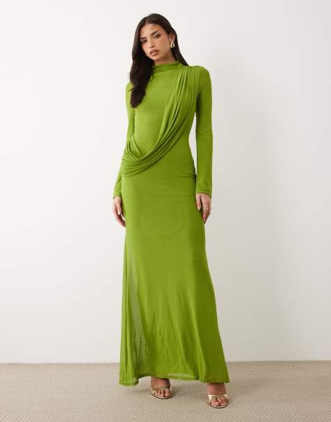 ASOS DESIGN long sleeve maxi dress with draped bodice detailing in green - view 1