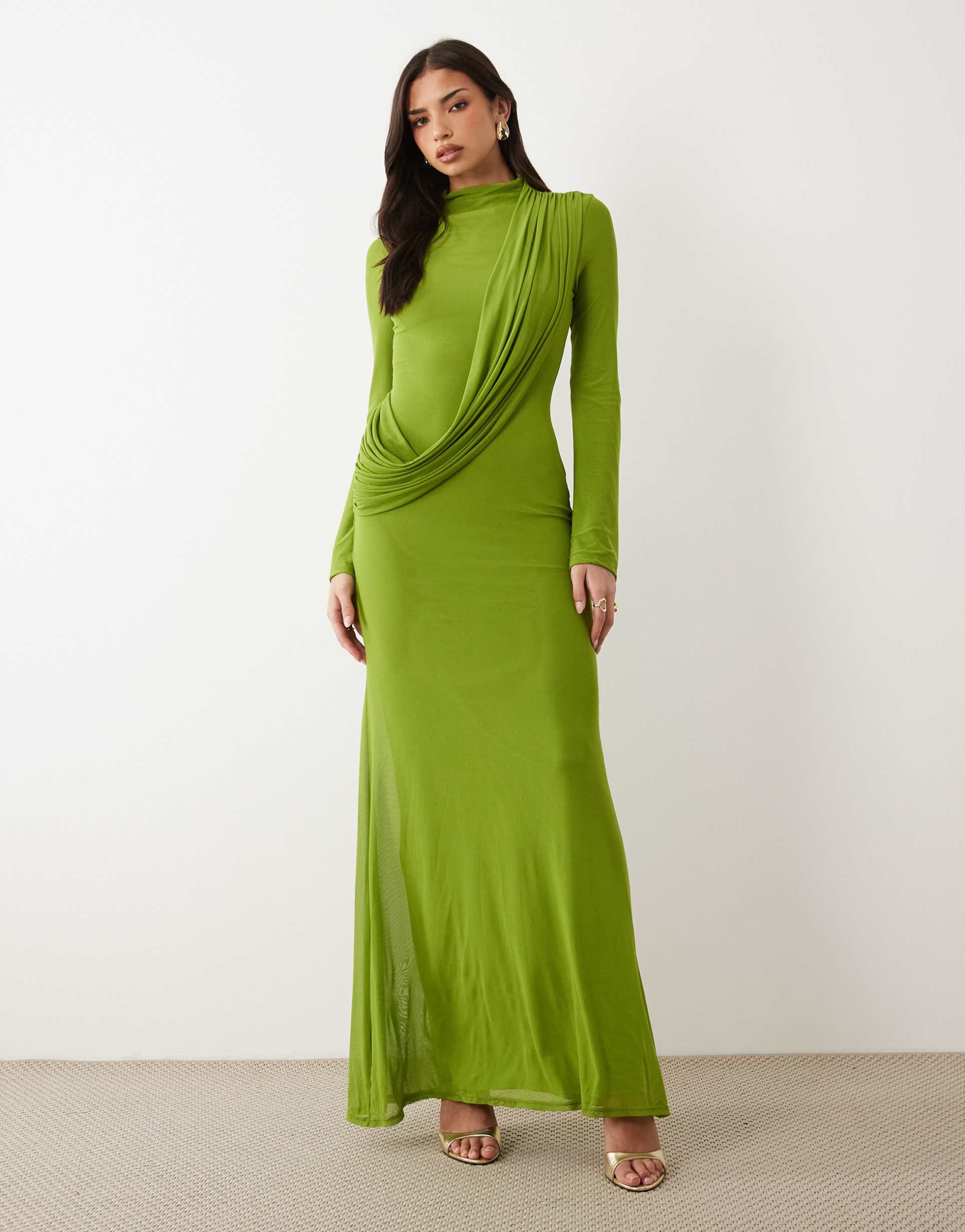 asos design long sleeve maxi dress with draped bodice detailing in green