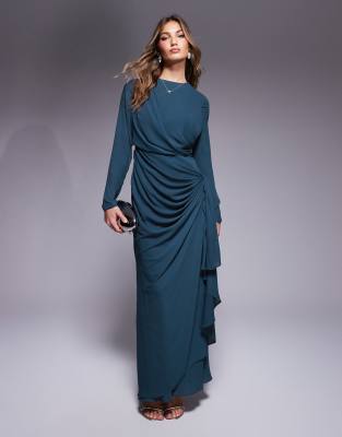 long sleeve maxi dress with draped skirt in teal blue