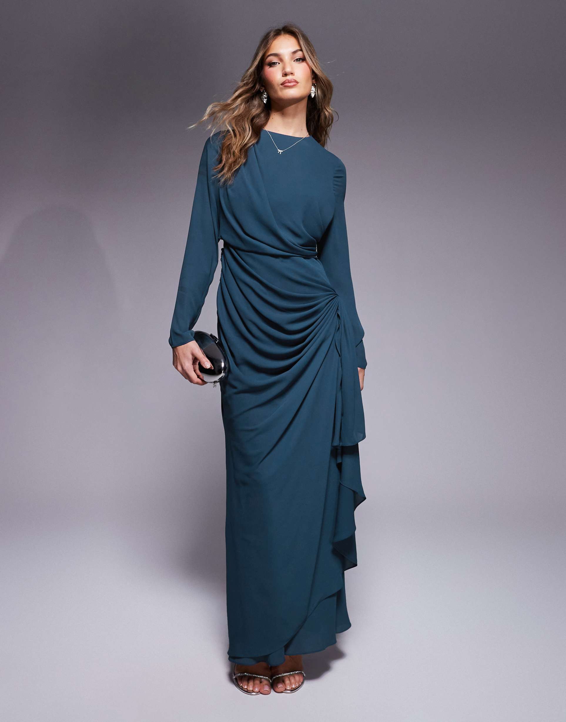 asos design long sleeve maxi dress with draped skirt in teal blue