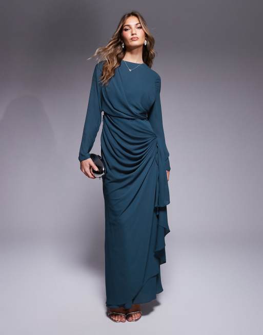 ASOS DESIGN long sleeve maxi dress with draped skirt in teal blue