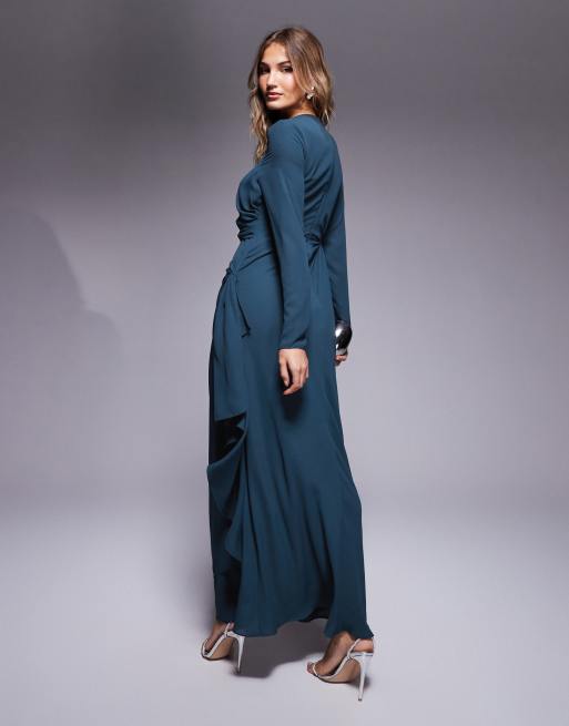 ASOS DESIGN long sleeve maxi dress with draped skirt in teal blue