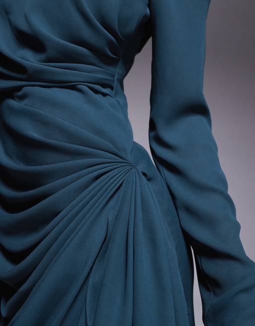 ASOS DESIGN long sleeve maxi dress with draped skirt in teal blue