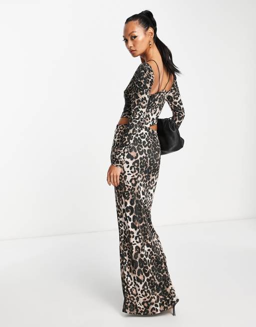 ASOS DESIGN long sleeve maxi dress with low rise skirt in leopard print