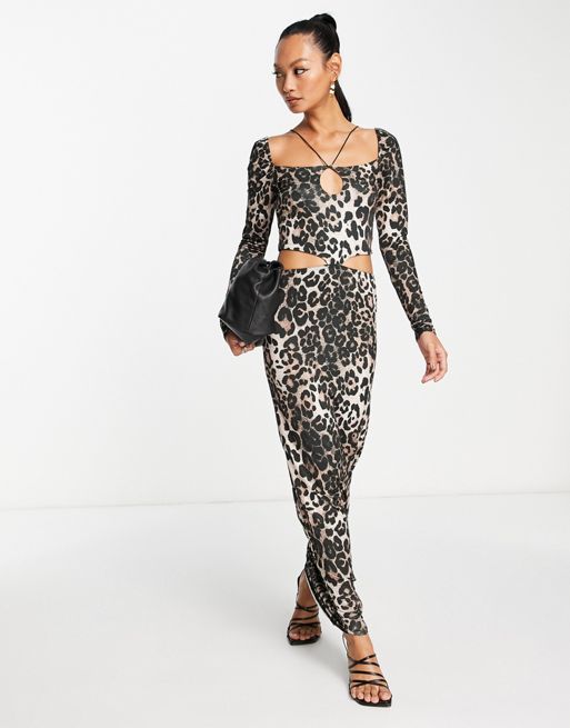 ASOS DESIGN mesh maxi dress in textured leopard print with contrast lining  in black