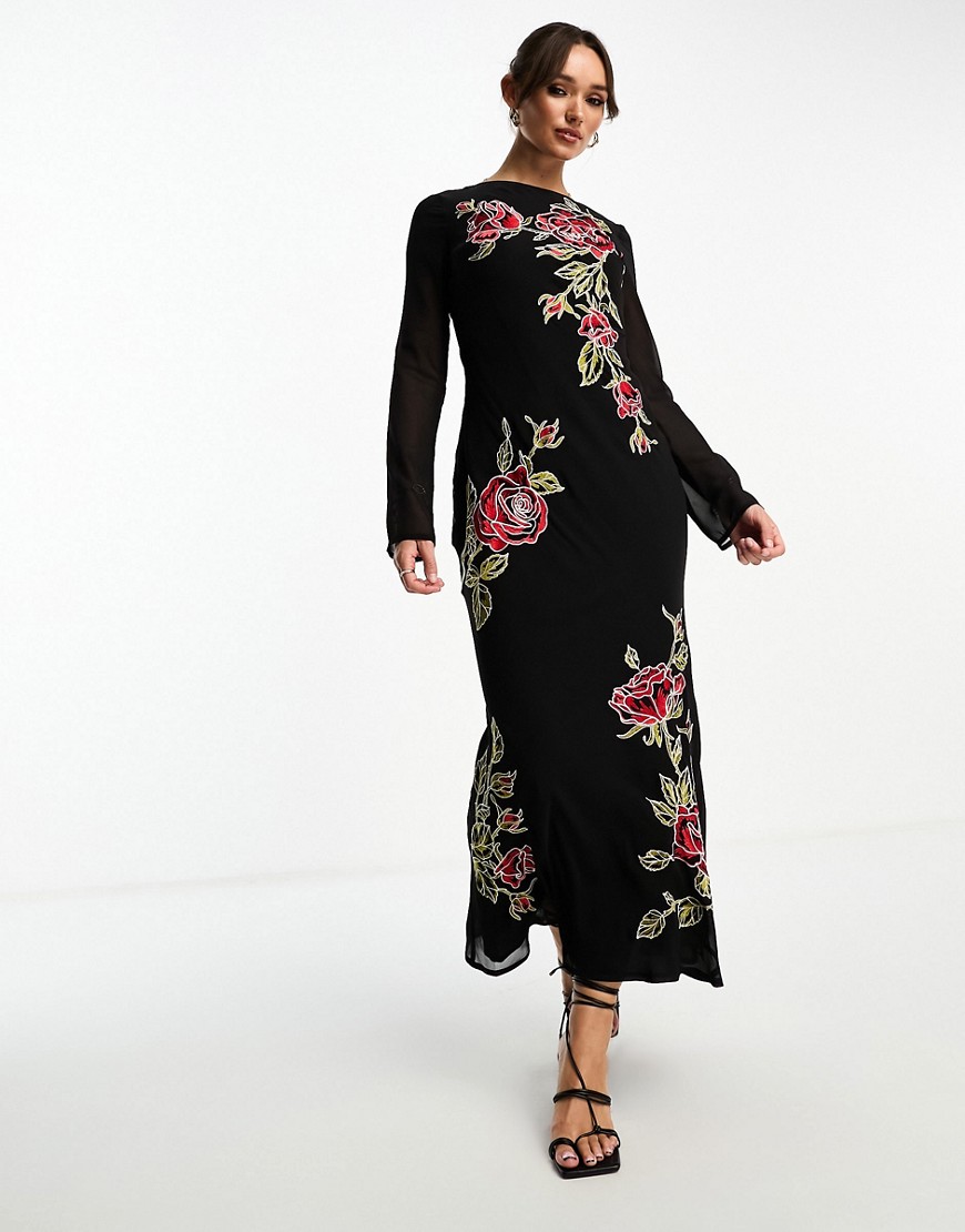 ASOS DESIGN long sleeve maxi dress with red floral embroidery-Multi