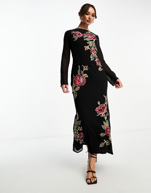 FhyzicsShops DESIGN long sleeve maxi dress with red floral embroidery