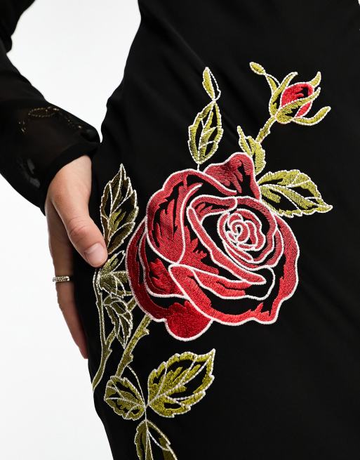 Black dress with hot sale red embroidered flowers