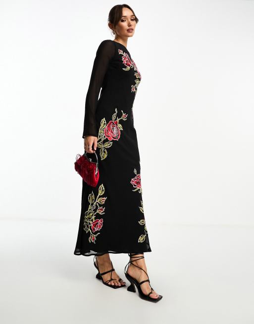 ASOS DESIGN long sleeve maxi dress with red floral embroidery