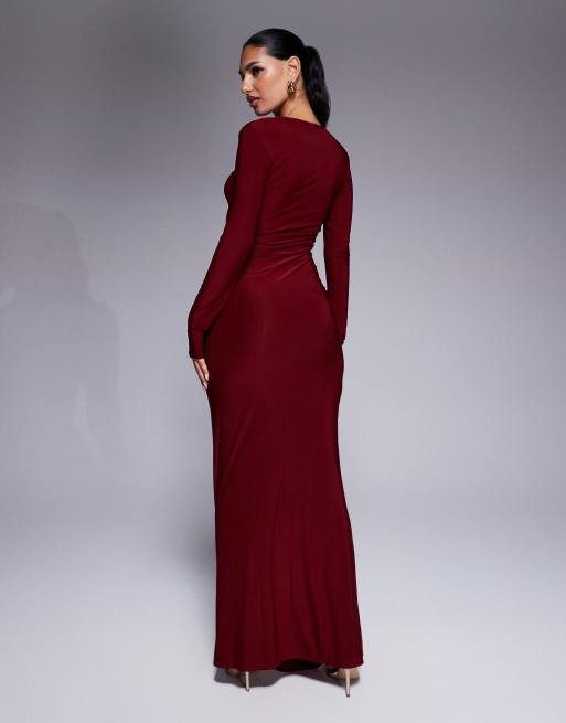 ASOS DESIGN long sleeve maxi dress with ruched ruffle detail in burgundy ASOS