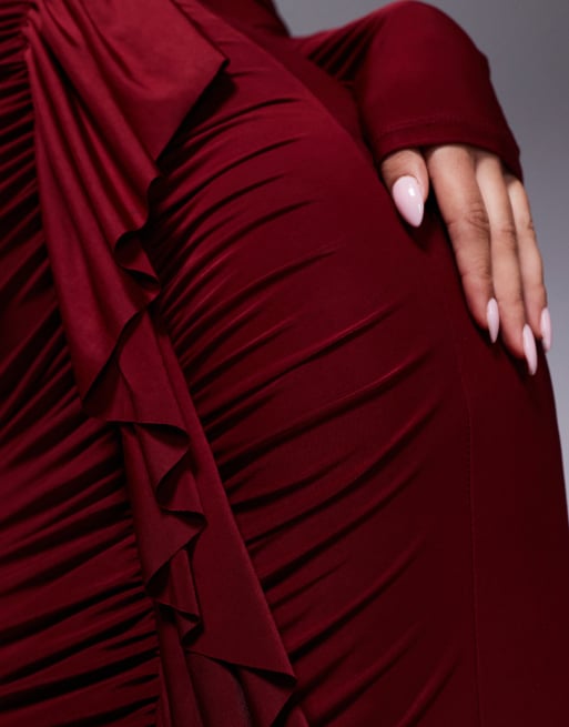 ASOS DESIGN long sleeve maxi dress with ruched ruffle detail in burgundy, 3 of 4