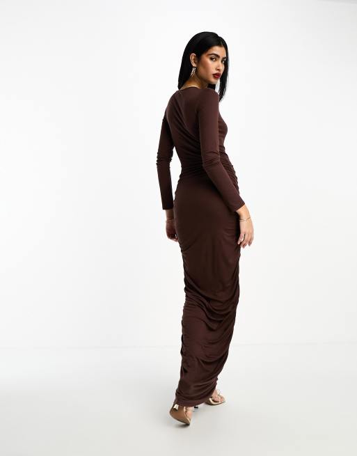 ASOS DESIGN long sleeve maxi dress with ruched skirt in chocolate