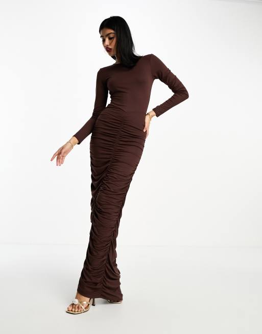 ASOS DESIGN long sleeve maxi dress with ruched skirt in chocolate