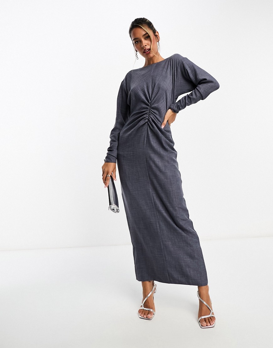 ASOS DESIGN long sleeve maxi dress with ruching detail in washed navy