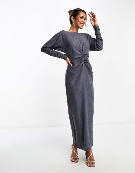 ASOS DESIGN long sleeve maxi dress with ruching detail in washed navy ASOS