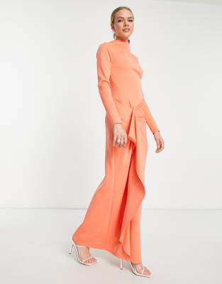 Asos Design Long Sleeve Maxi Dress With Ruffle Front In Deep Coral-orange