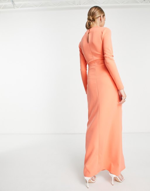 ASOS DESIGN long sleeve maxi dress with ruffle front in deep coral