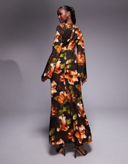 ASOS DESIGN long sleeve maxi dress with ruffle skirt in dark floral print, 2 of 4