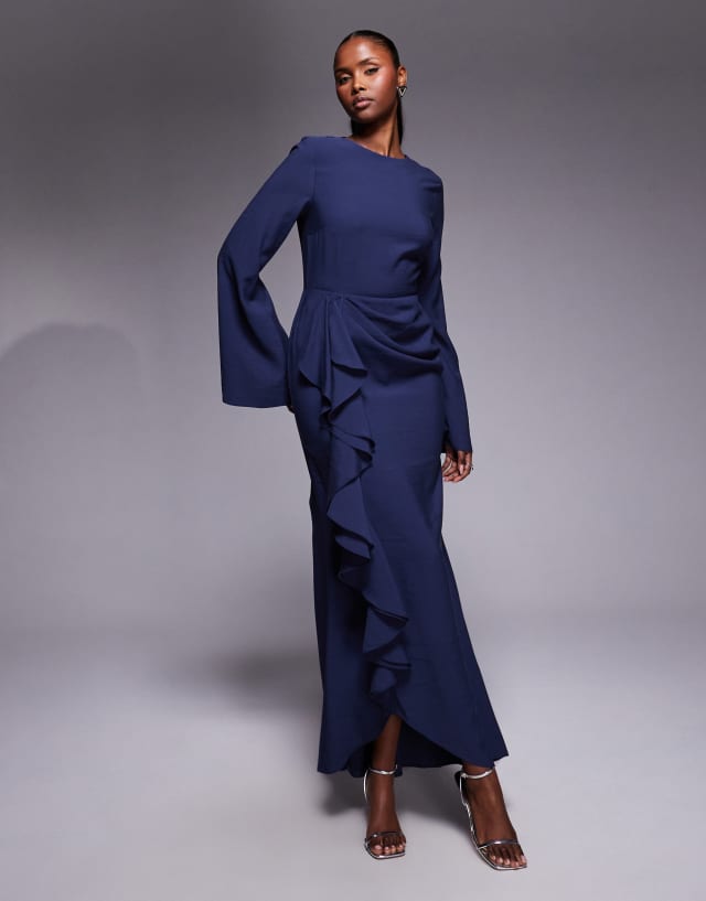 asos navy blue maxi dress DESIGN long sleeve with ruffle skirt in this regular fit dress Lydia Costume Navy/Multi Miss Priss Prom Size:7-8 Years