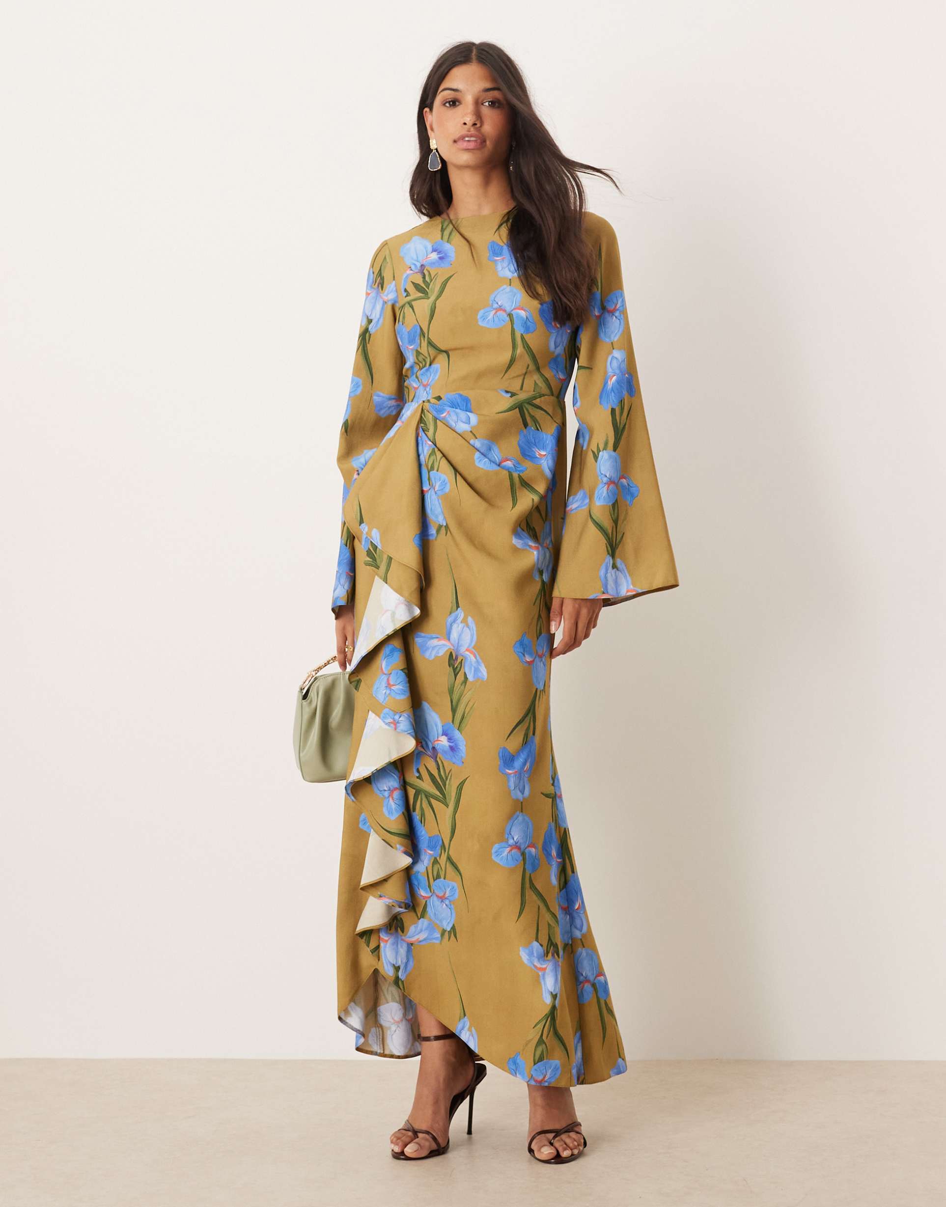 asos design long sleeve maxi dress with ruffle skirt in oversized green floral print
