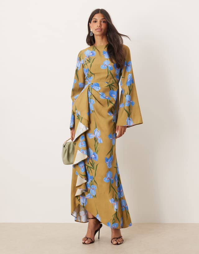 asos green long sleeve maxi dress DESIGN with ruffle skirt in oversized floral print launchdate: 12/18/2024