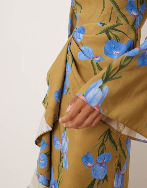 ASOS DESIGN long sleeve maxi dress with ruffle skirt in oversized green floral print
