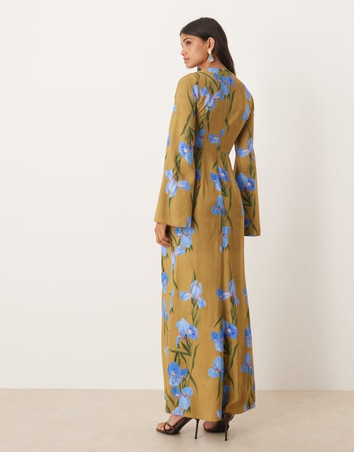 ASOS DESIGN long sleeve maxi dress with ruffle skirt in oversized green floral print