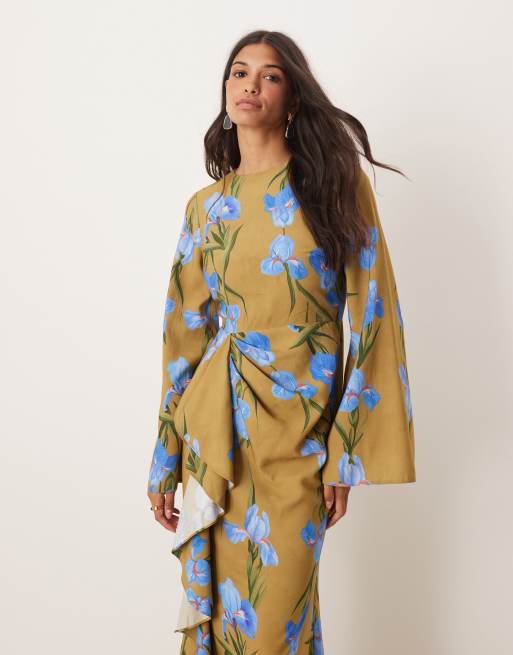 ASOS DESIGN long sleeve maxi dress with ruffle skirt in oversized green floral print