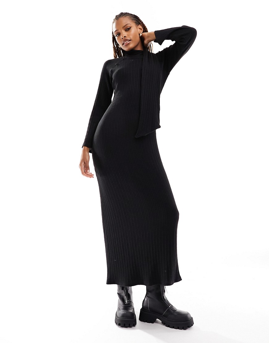 ASOS DESIGN long sleeve maxi dress with scarf neck detail in black