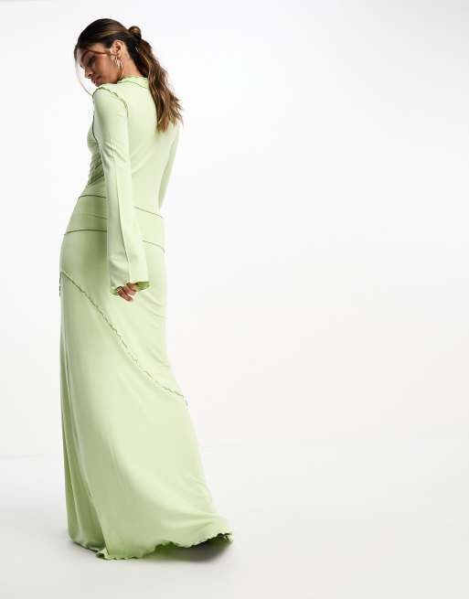 green emerald velvet dress Rent Asos Design Long Sleeve Knot High Split Satin Midi Dress In Olive Green