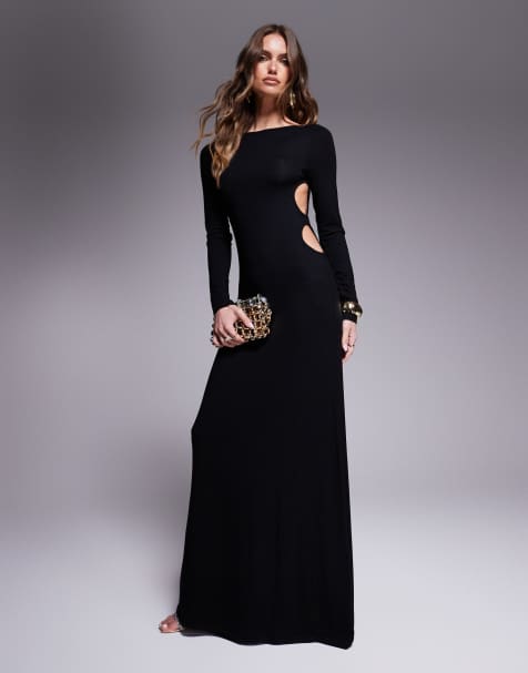 ASOS DESIGN long sleeve maxi dress with side circle cut out details in black - view 1