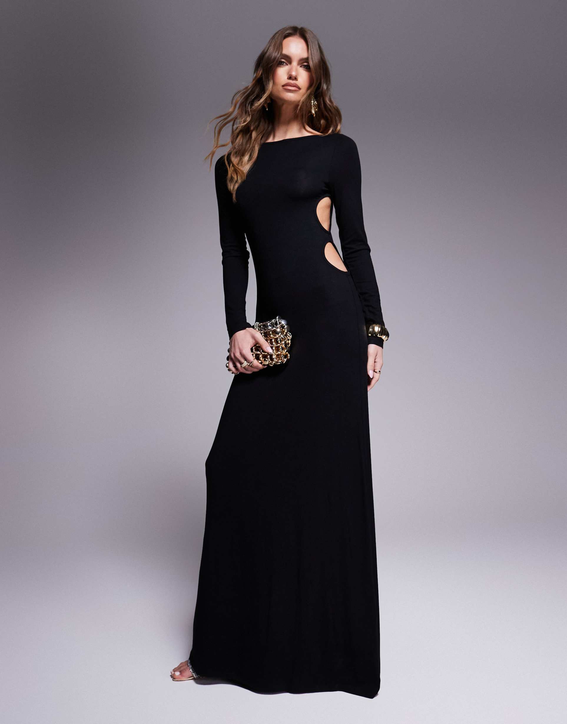 asos design long sleeve maxi dress with side circle cut out details in black