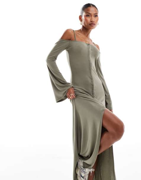 ASOS DESIGN long sleeve maxi dress with straps and hook-and-eye detail in khaki - view 1
