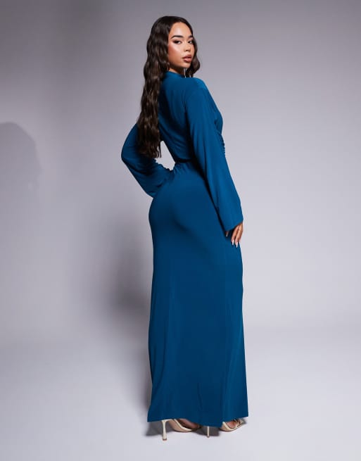 ASOS DESIGN long sleeve maxi dress with trim cross wrap waist detail in  teal | ASOS