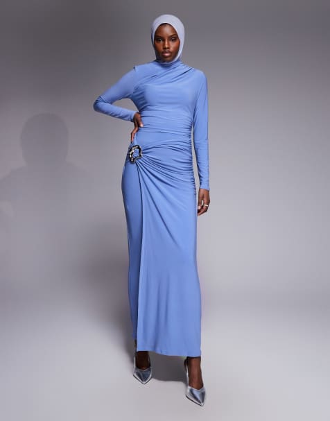 ASOS DESIGN long sleeve maxi dress with trim detail in slate blue - view 1